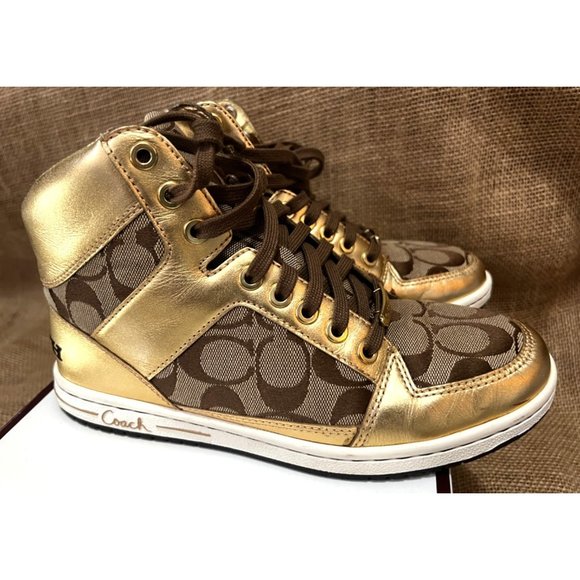 Coach Shoes - Coach Norra HIgh Top Shoes Sz 7.5 Womens Gold and Brown Lace Up Ankle Sneakers